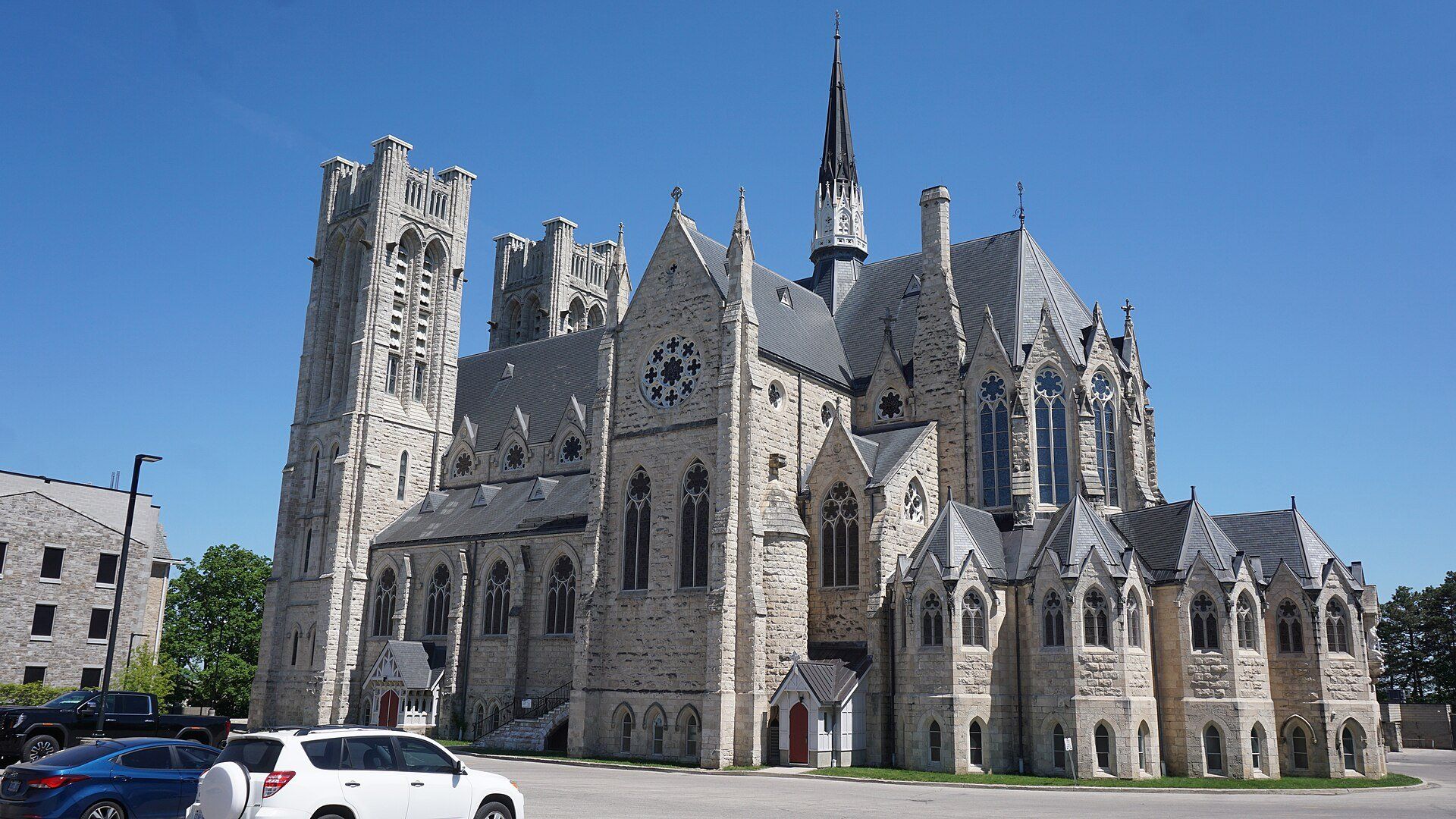 The Basilica of Our Lady Immaculate, a large grey stone Gothic church with twin towers