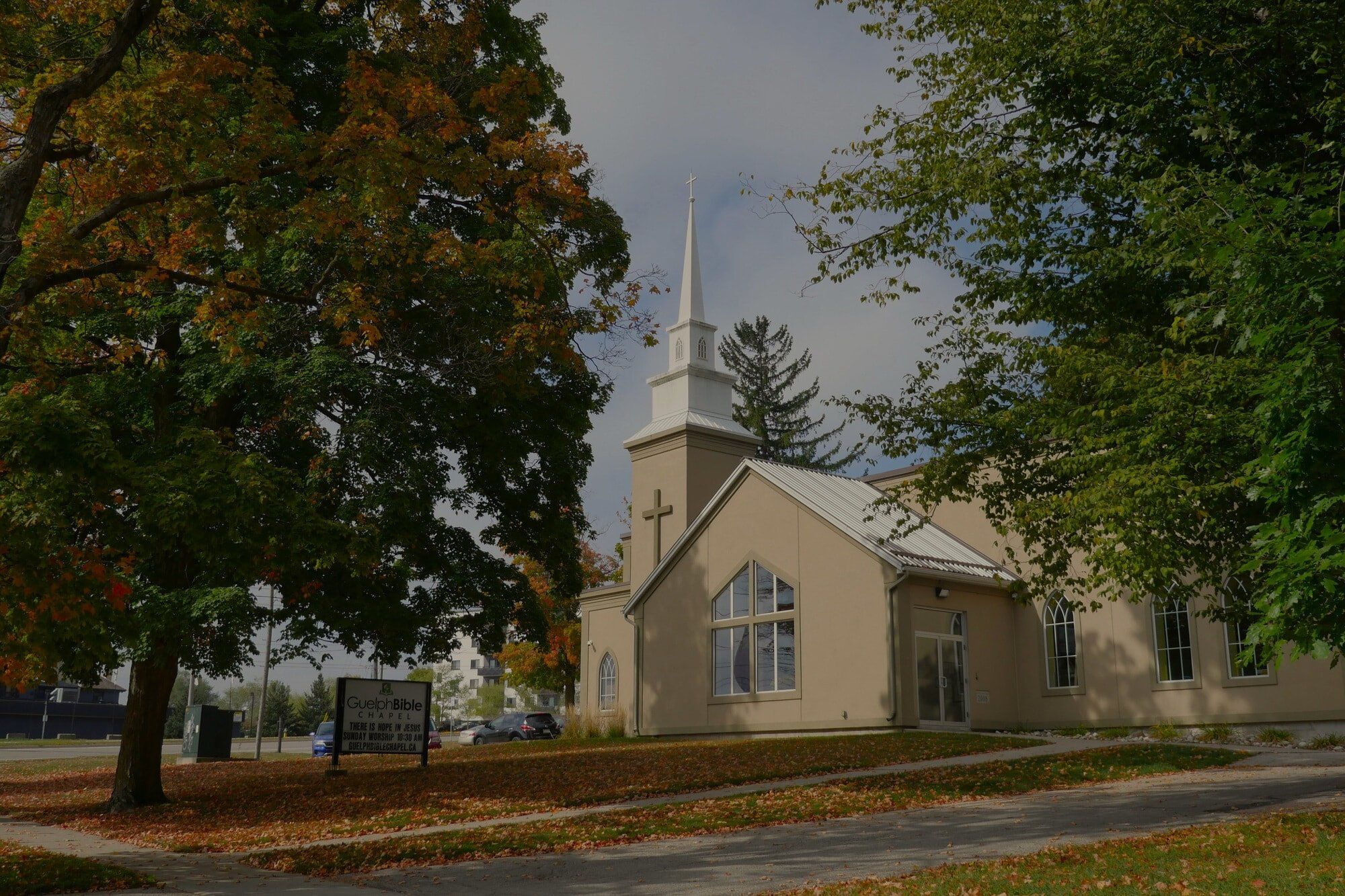 Guelph Bible Chapel, a cream church with a white steeple among autumn trees